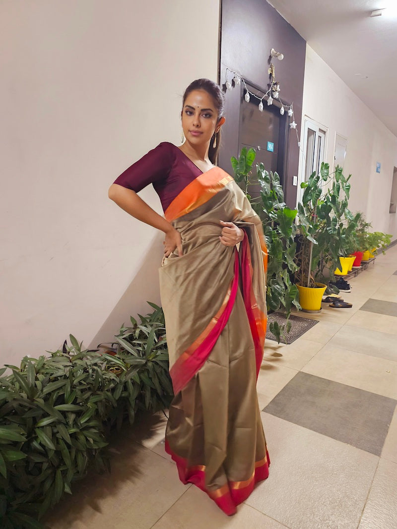 Brown Maheshwari Silk Cotton Saree