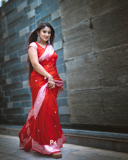 Bright Red Kora Organza Buti Benarasi Saree