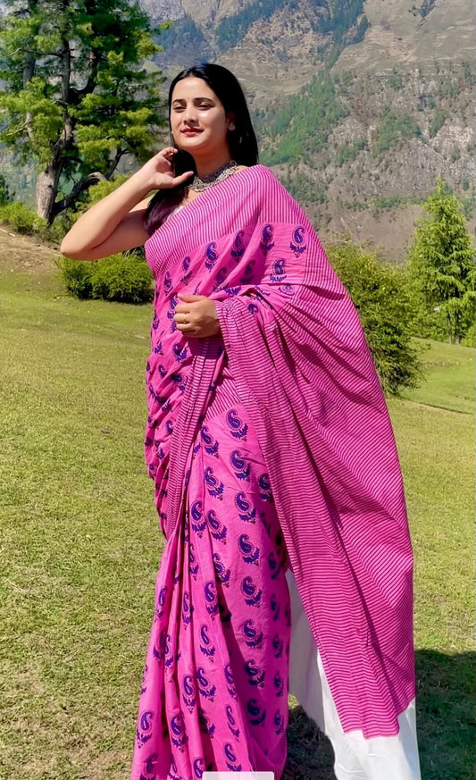 Pink Printed Mul Cotton Saree