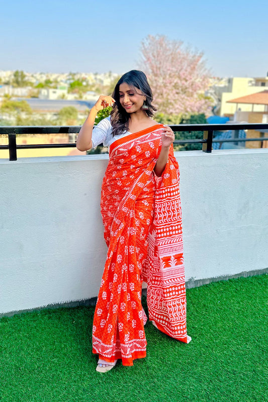 Orange Printed Mul Cotton Saree