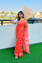 Load image into Gallery viewer, Orange Printed Mul Cotton Saree
