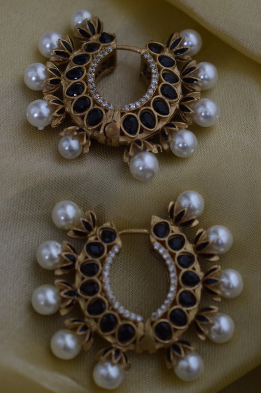 Black Pearl and Stone Hoops Earrings