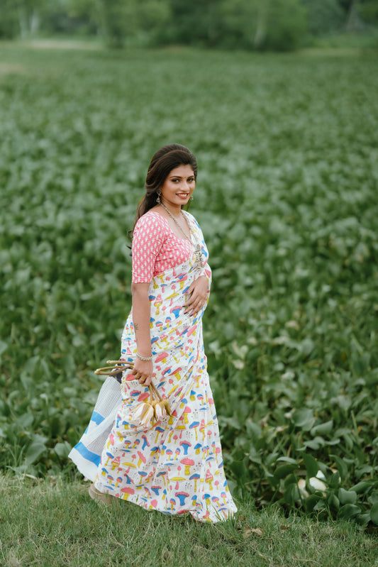 White Printed Mul Cotton Saree