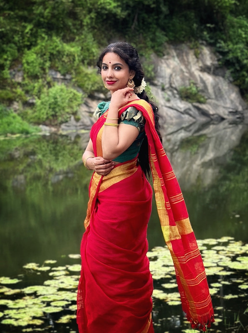 Red Linen Saree