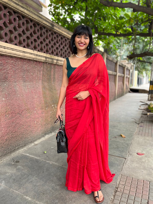 Red Plain Cotton Saree