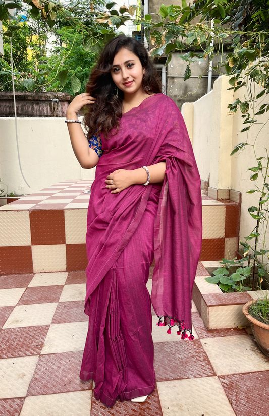 Wine Plain Cotton Saree