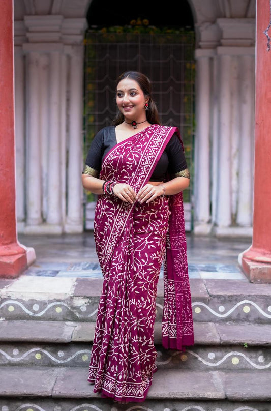 Burgandy Printed Mul Cotton Saree