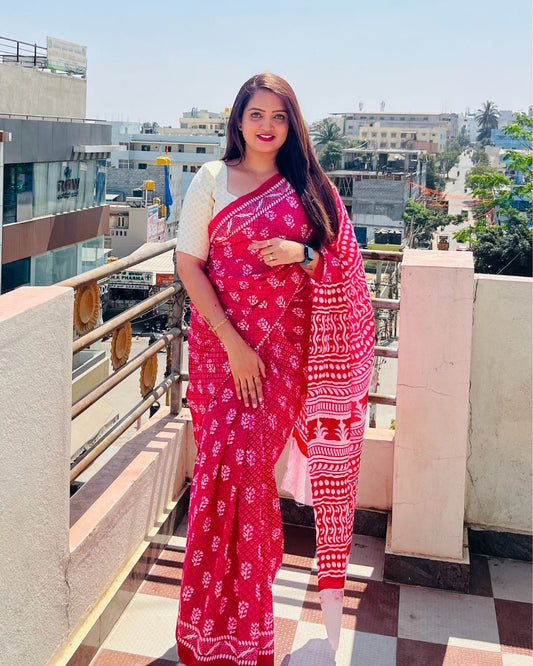 Pink Printed Mul Cotton Saree