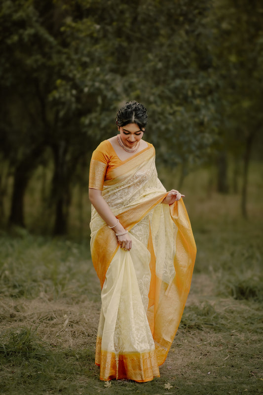 Lemon Yellow Semi Organza Chikankari Benarasi Saree