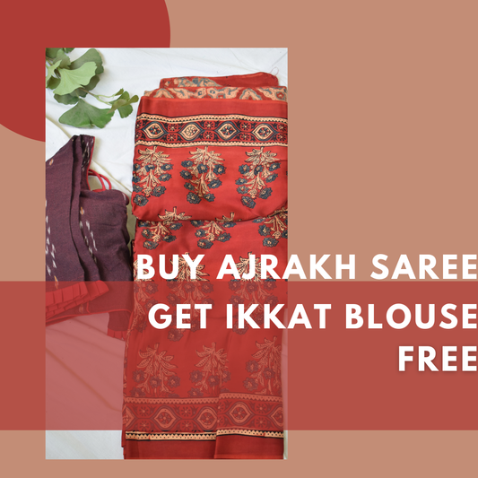 Sindhura - Buy Modal Silk Ajrakh Saree & Get Ikkat Blouse Free