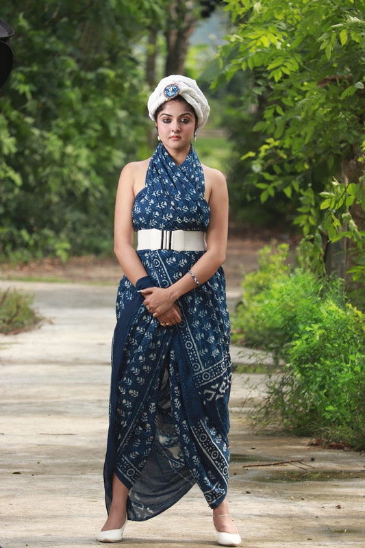 Indigo Printed Mul Cotton Saree