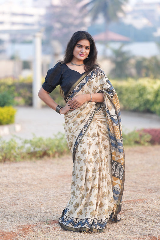 Off White Chanderi Cotton Silk Saree