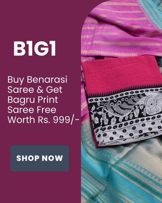 Gulabo - Buy Benarasi Katan Warm Silk Saree & Get Bagru Printed Mul Cotton Saree Free