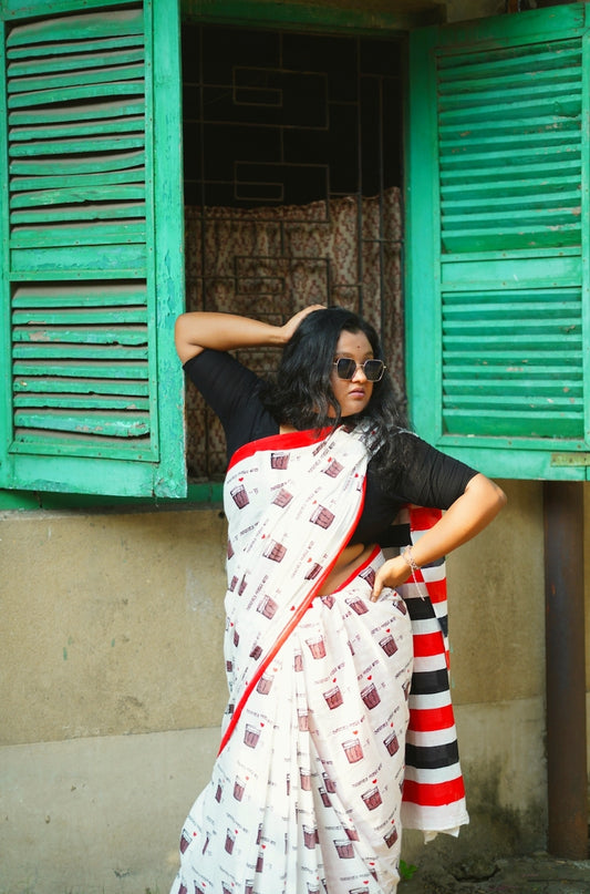 White Printed Mul Cotton Saree