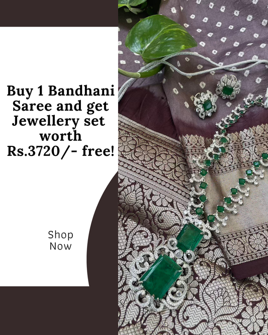 Purna- Buy Levender Silk Bandhani Saree With Kanjeevaram Border & Get Jewellery Set Free