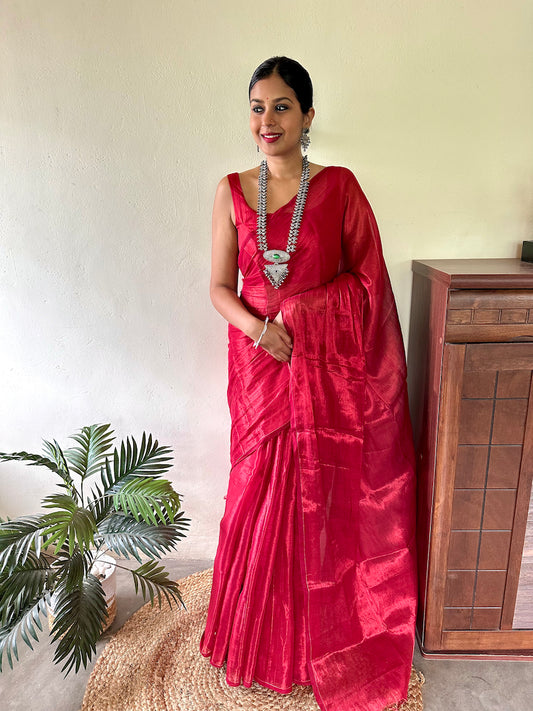 Red Tissue Cotton Saree