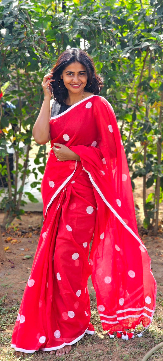 Red Polka Dots Mul Cotton Saree with tassels