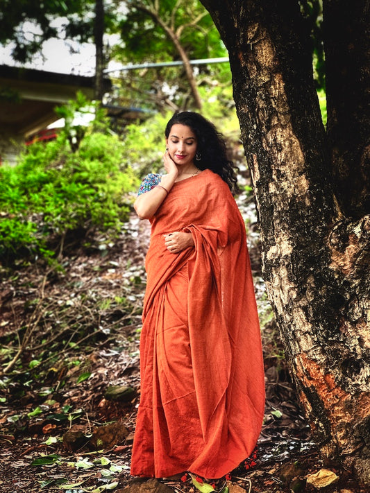 Rust Orange Plain Cotton Saree