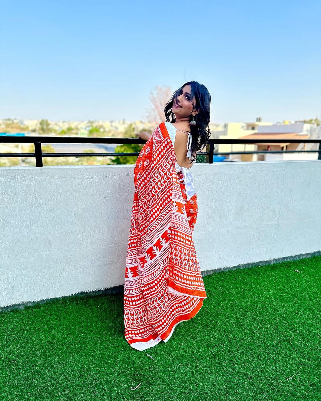 Orange Printed Mul Cotton Saree