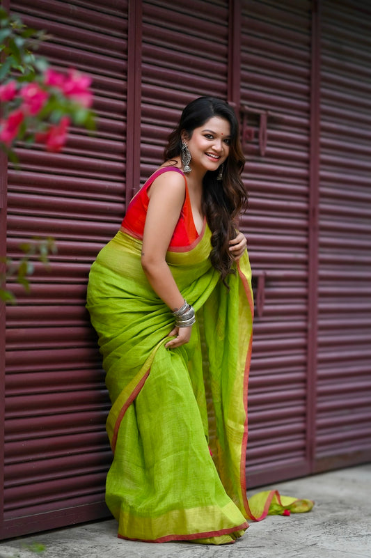 Neon Green Linen Saree