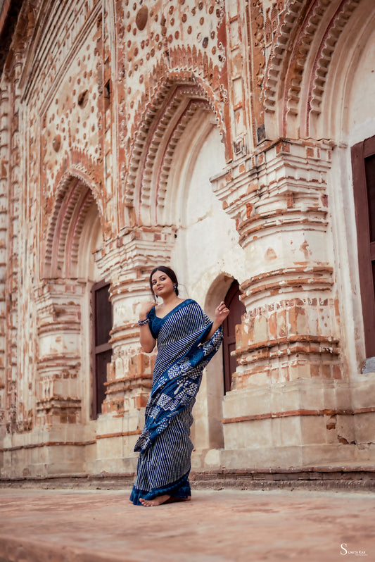 Indigo Printed Mul Cotton Saree