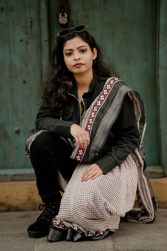 Off White Printed Linen Cotton Saree