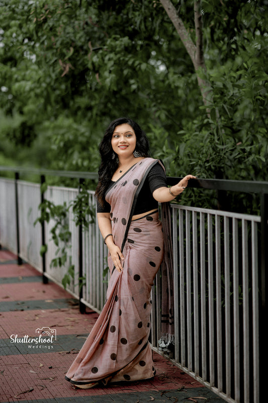 Mocha Polka Dots Mul Cotton Saree with tassels