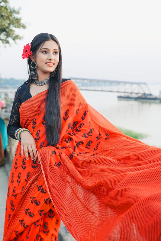 Orange Printed Mul Cotton Saree