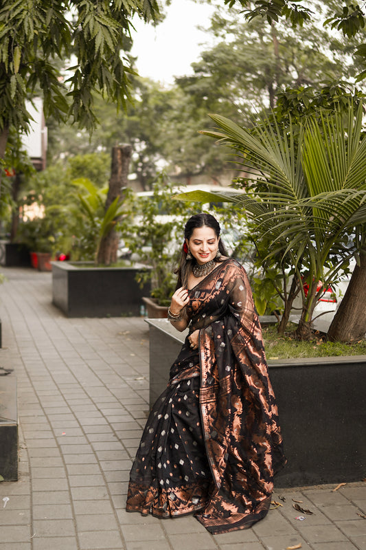 Black & Copper Silk Cotton Jamdani Saree