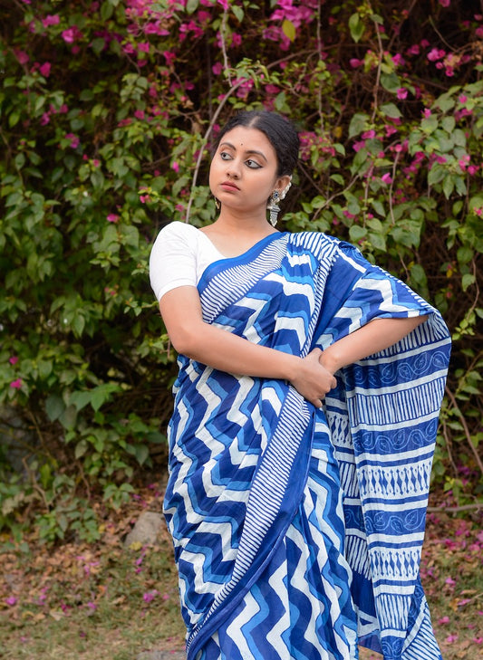 Indigo Printed Mul Cotton Saree