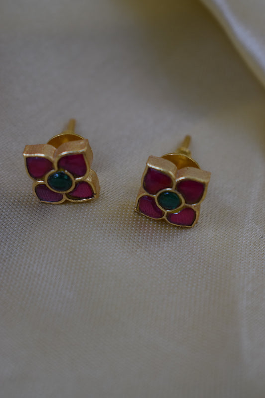 Pink Flower - Desinger Matt Brass Finish Earrings