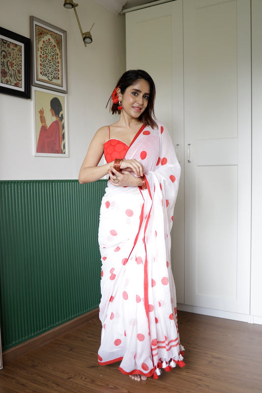 White-Red Polka Dots Mul Cotton Saree with tassels