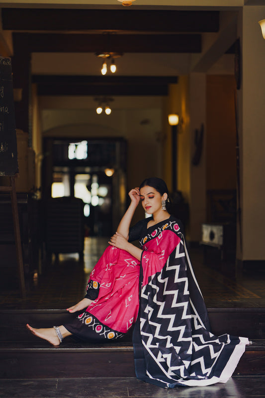 Candy Pink Bagru Printed Mul Cotton Saree