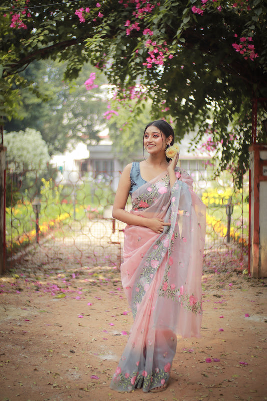 Peach Semi Organza Embroidery Benarasi Saree