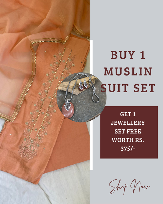 Gaura - Buy Muslin Silk Suit & Get Jewellery Set Free