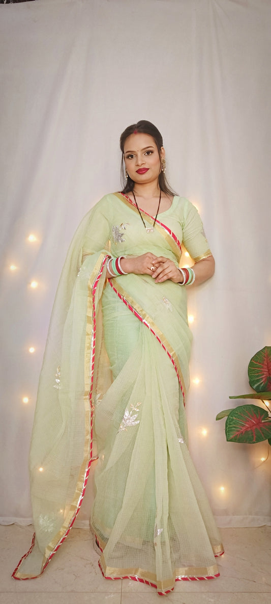 Sea Foam Cotton Kota Doriya with Kaccha Gotapatti work Saree