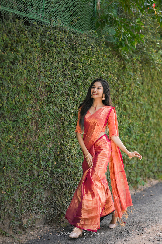 Sunset Orange Tissue Cotton Saree