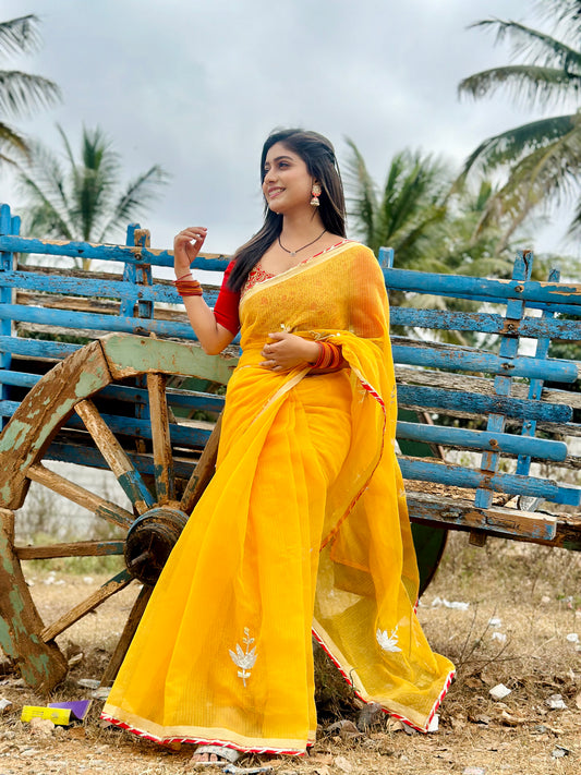 Yellow Cotton Kota Doriya with Kaccha Gotapatti work Saree