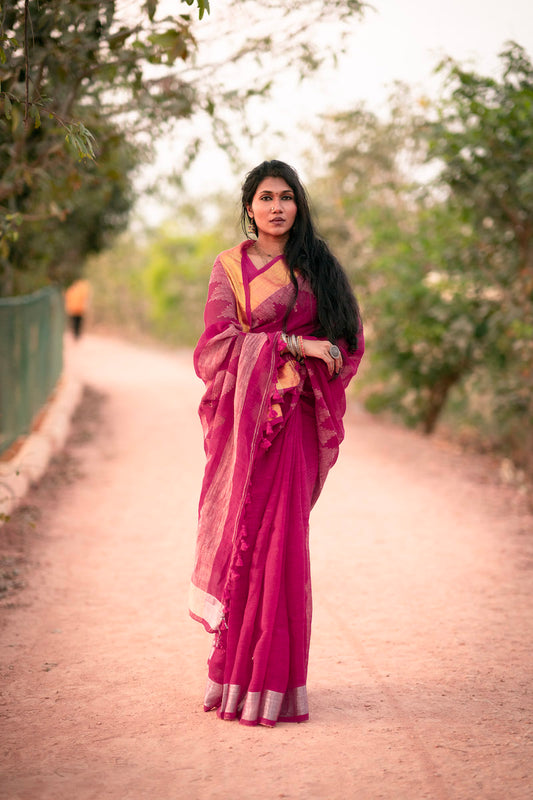 Rani Pink Linen Jamdani Saree