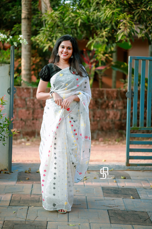 White Silk Cotton Jamdani Saree