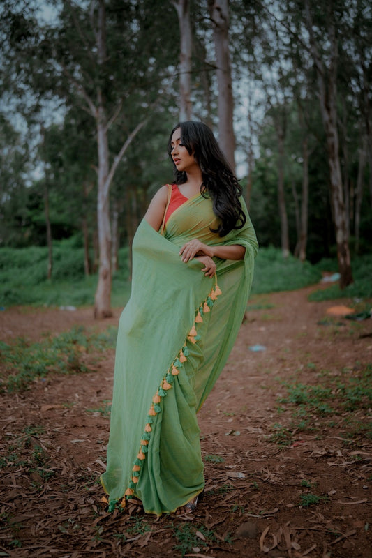 Green Mul Cotton Saree with tassels