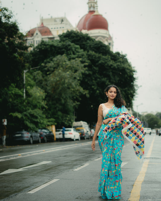 Turquoise Printed Mul Cotton Saree