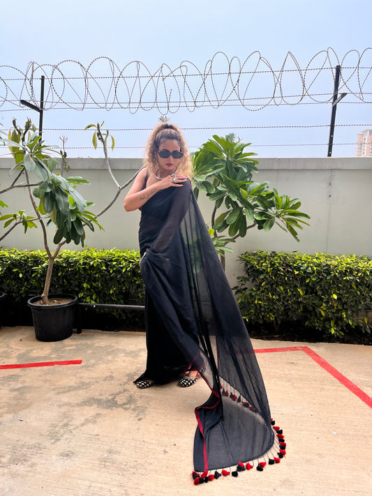 Black Mul Cotton Saree with tassels