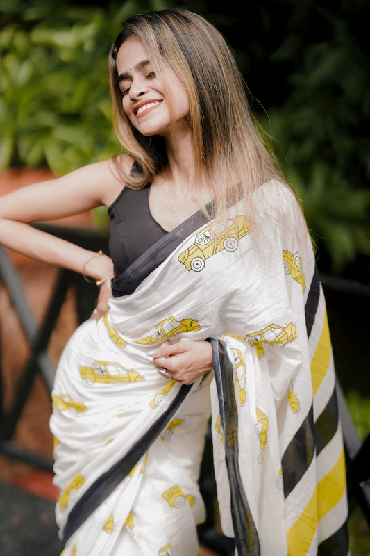 White Printed Mul Cotton Saree