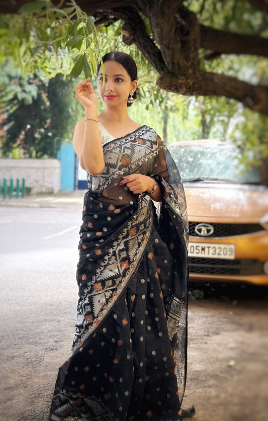 Black Silk Cotton Jamdani Saree