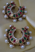 Load image into Gallery viewer, Green Red Pearl and Stone Hoops Earrings
