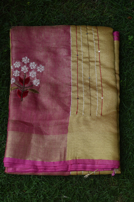 Pink Tissue Linen Cotton Saree