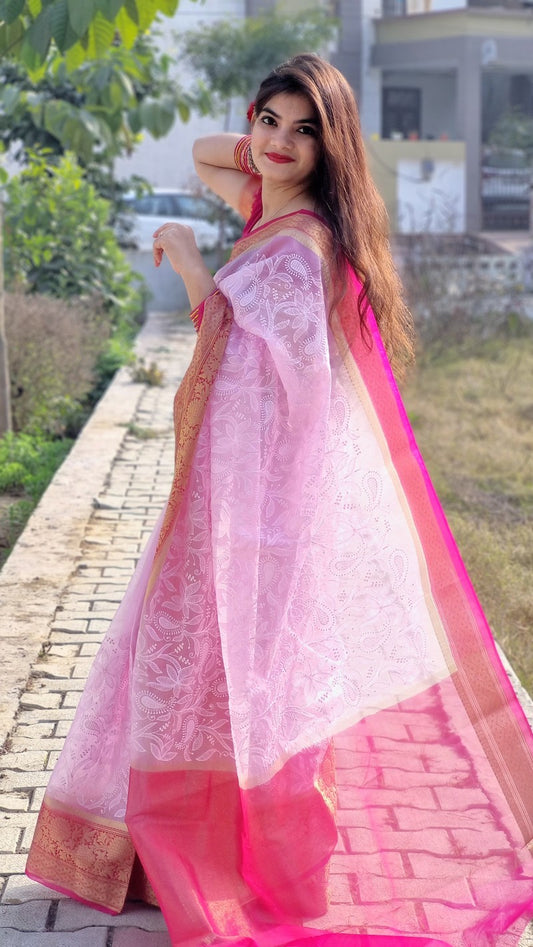 Baby Pink Semi Organza Chikankari Benarasi Saree