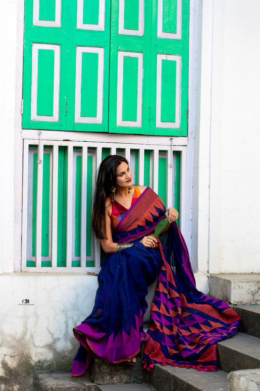 Navy Blue Linen Jamdani Saree