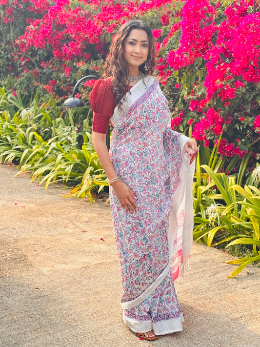 White Printed Linen Cotton Saree